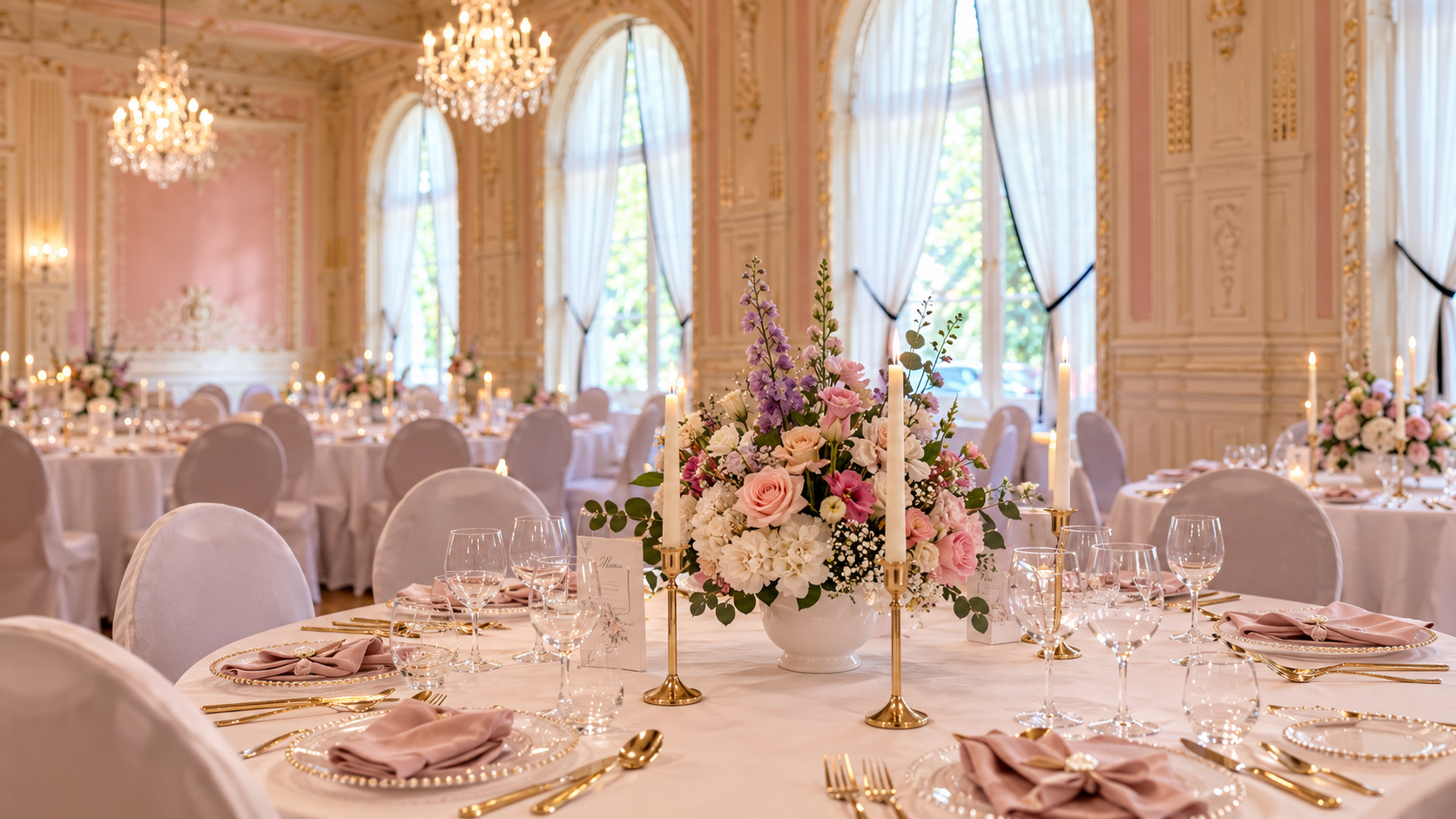 Elegante Tischdekoration mit Blumen und Kerzen